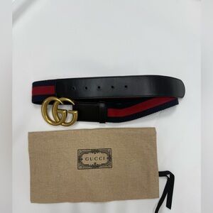 Gucci Navy Leather Belt with Red & Navy Web and Gold Double G Buckle